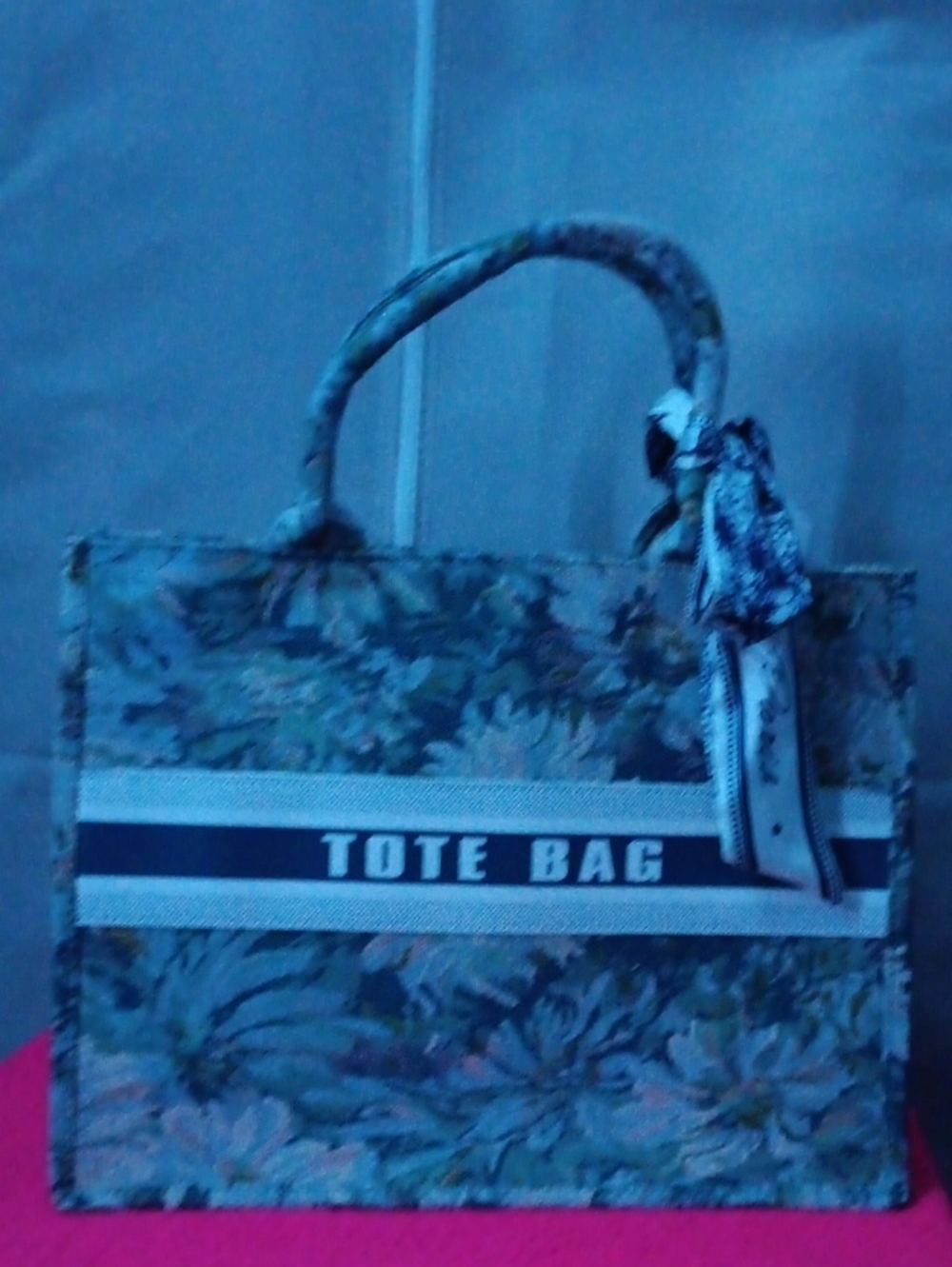 Floral Tote Bag with Woven 'TOTE BAG' Stripe